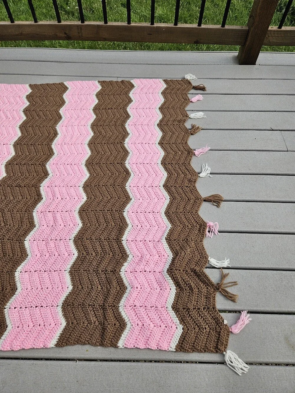 48x43 Brown and pink chevron crochet blanket with white stripes and tassels #che